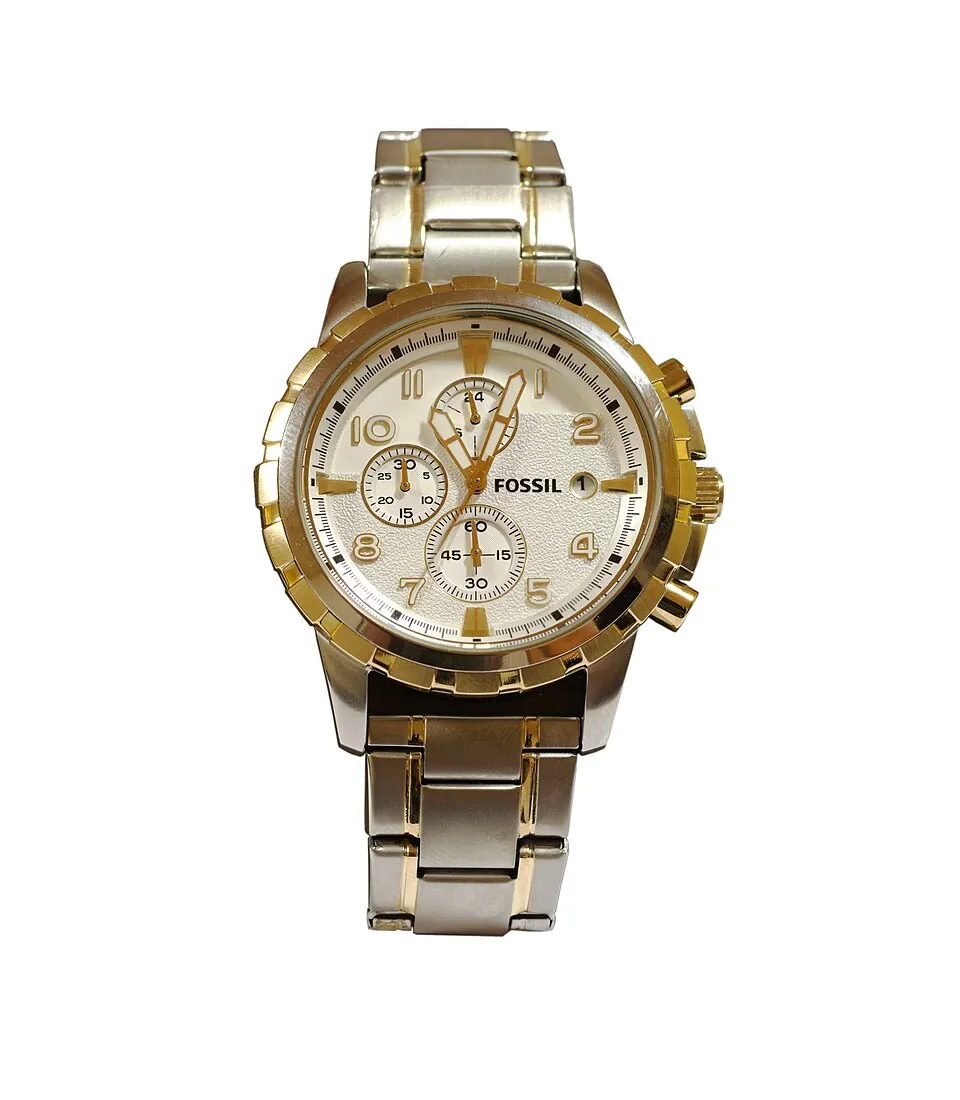 Men's chronograph watch with light dial, three subdials, and two-tone gold and silver metal link bracelet on a white background
